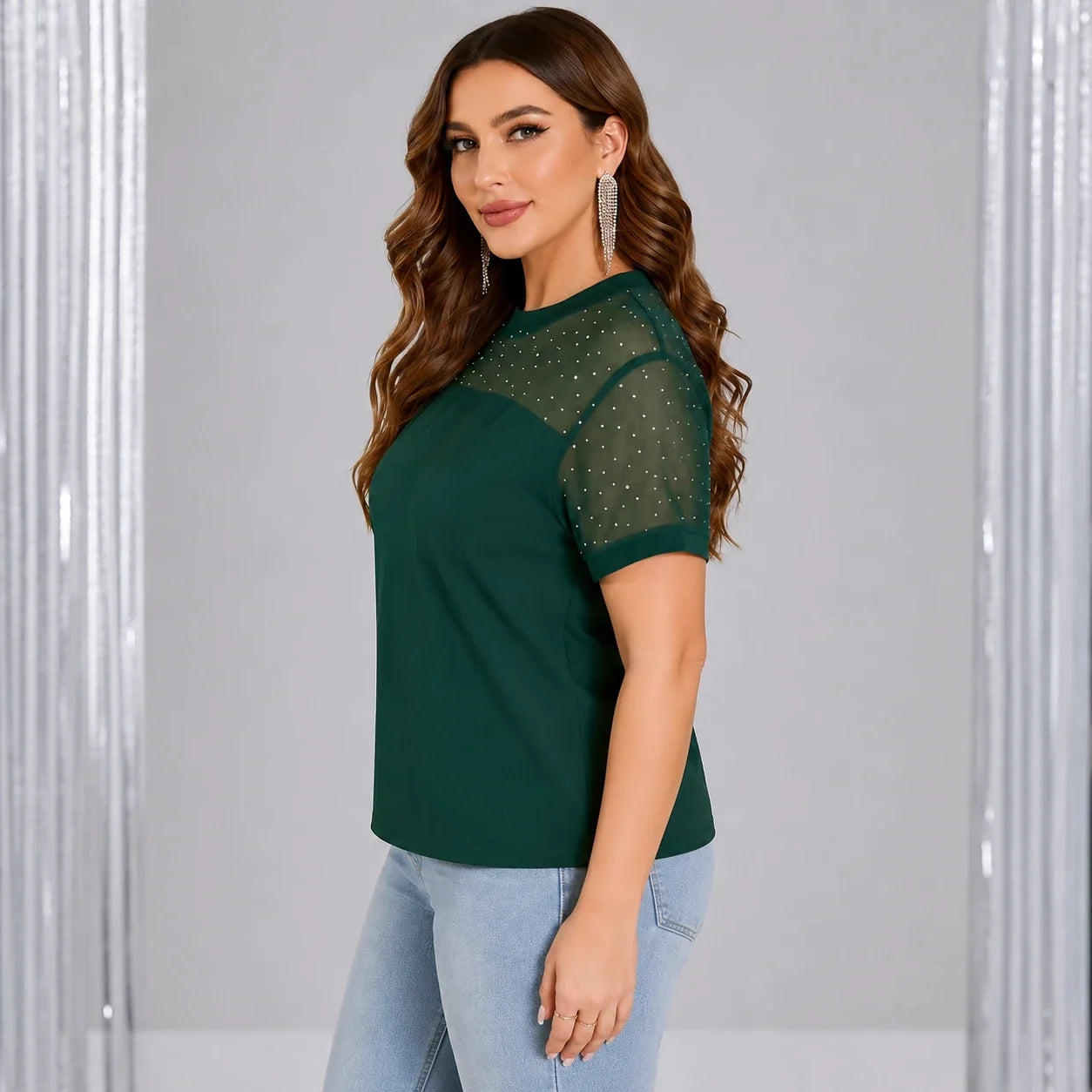 Rhinestone Mesh Yoke Top WHD0606473