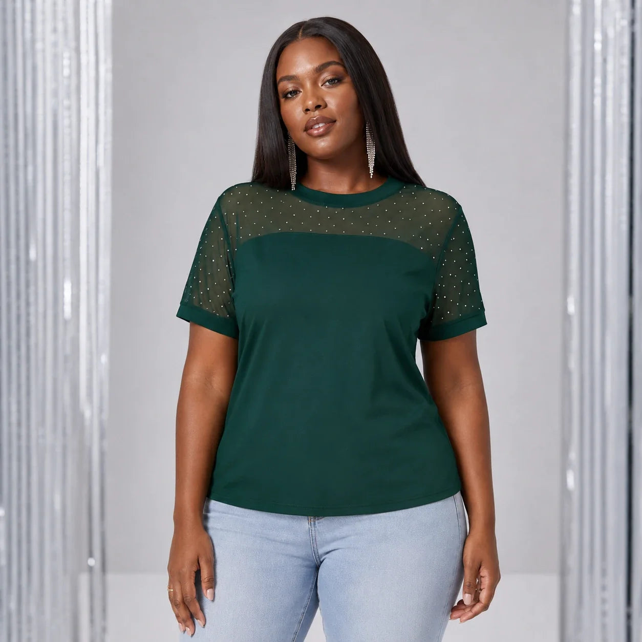 Rhinestone Mesh Yoke Top WHD0606473