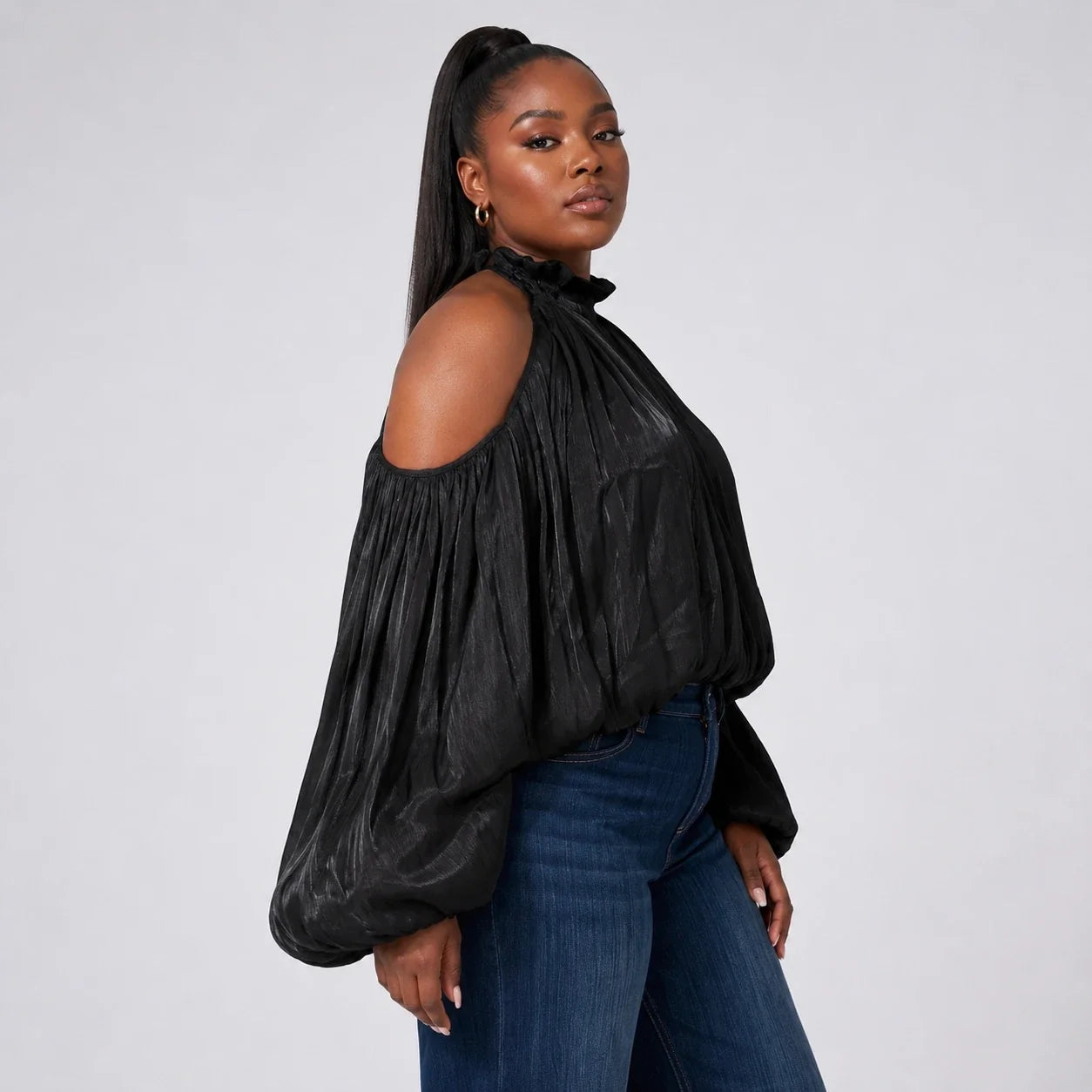 Cold-Shoulder Blouse and Jeans Set WHD0606476