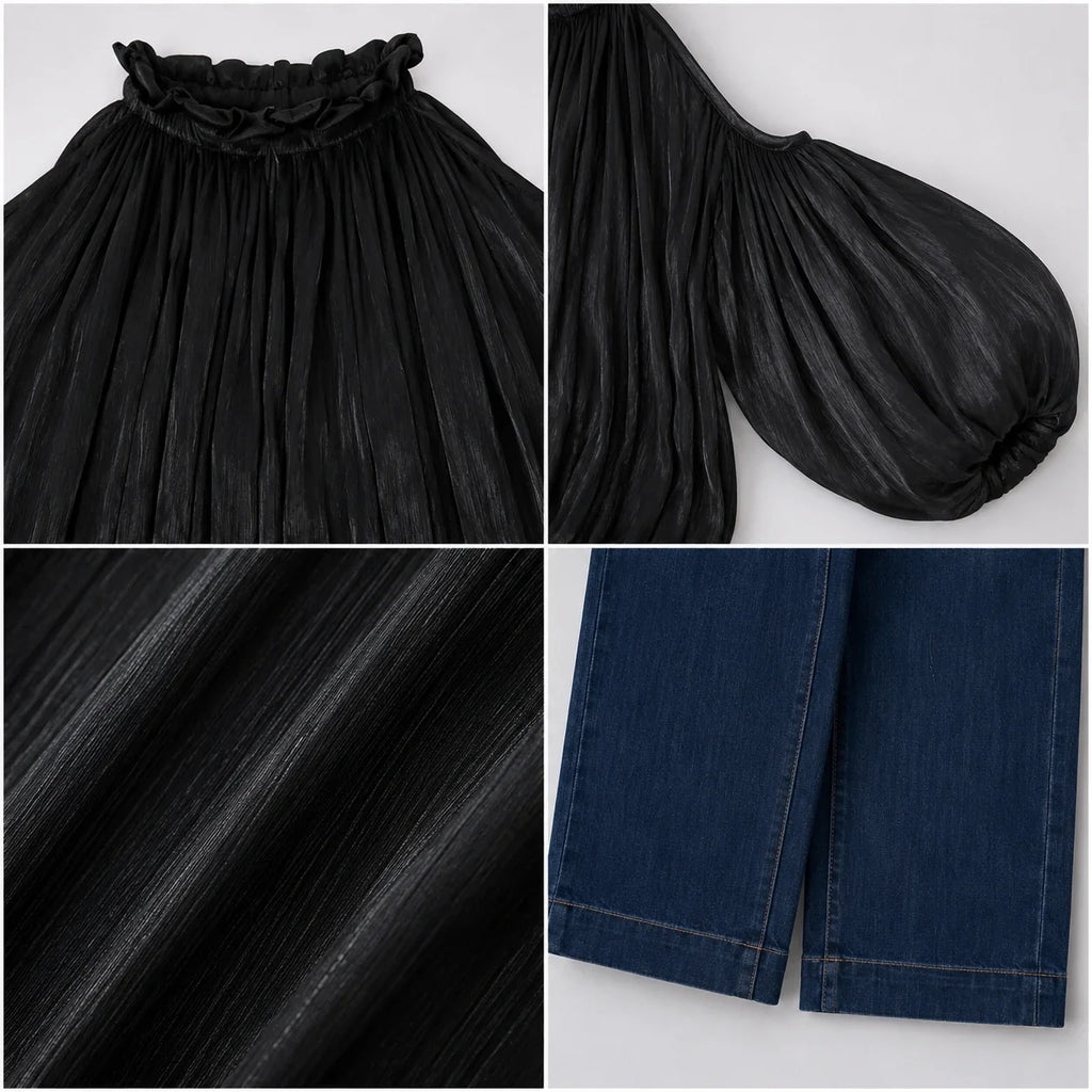 Cold-Shoulder Blouse and Jeans Set WHD0606476