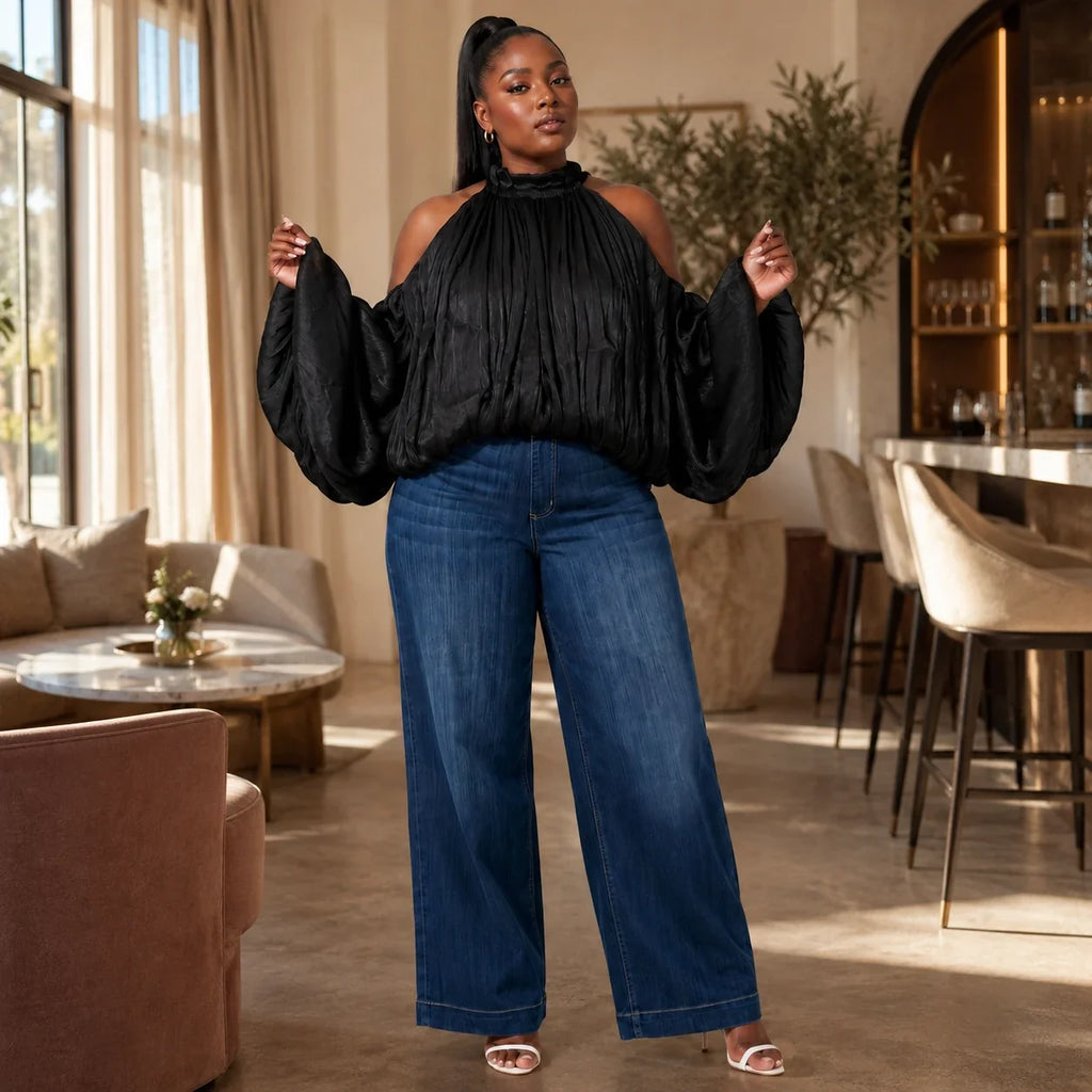 Cold-Shoulder Blouse and Jeans Set WHD0606476