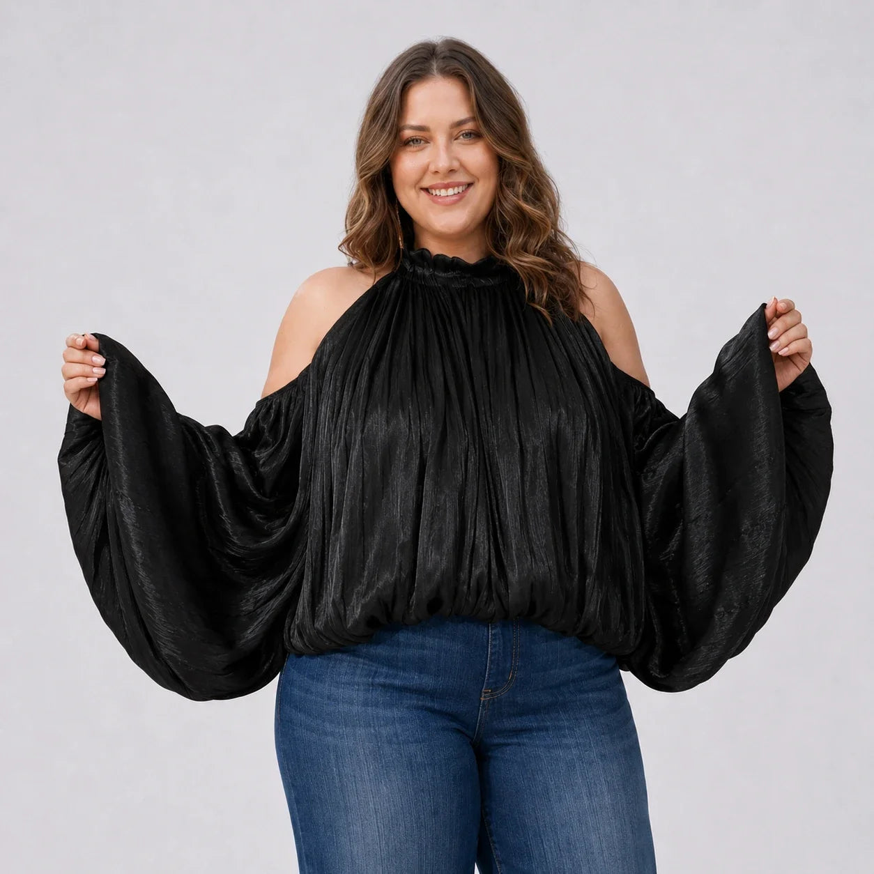 Cold-Shoulder Blouse and Jeans Set WHD0606476