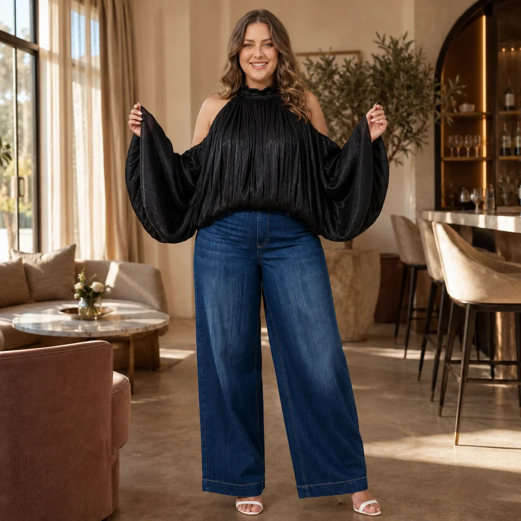 Cold-Shoulder Blouse and Jeans Set WHD0606476