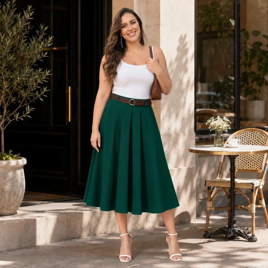 Belted Pleated Midi Skirt WHD0606479