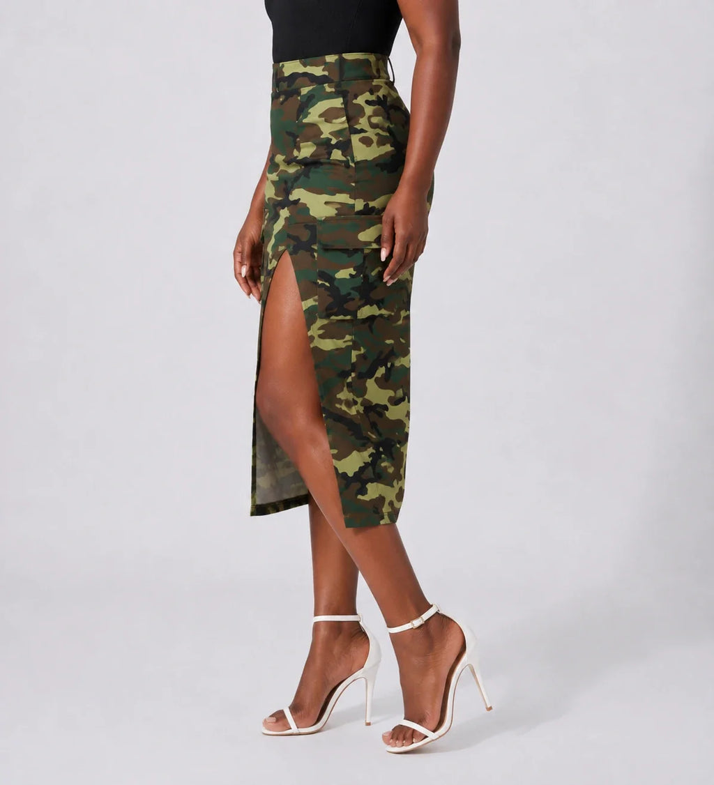 Camo Slit Cargo Midi Skirt WHD0606483
