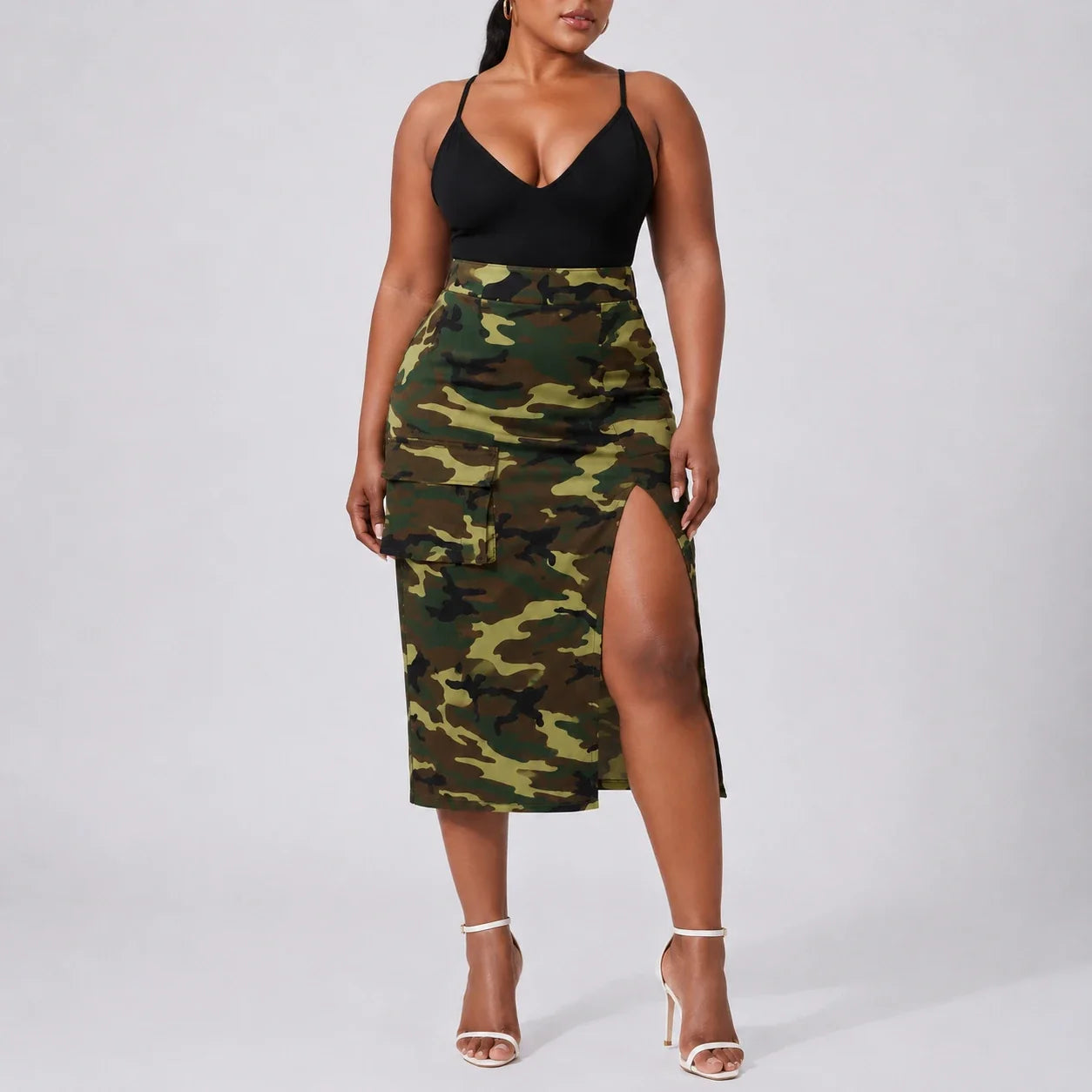 Camo Slit Cargo Midi Skirt WHD0606483