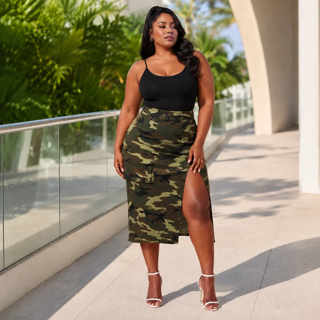 Camo Slit Cargo Midi Skirt WHD0606483