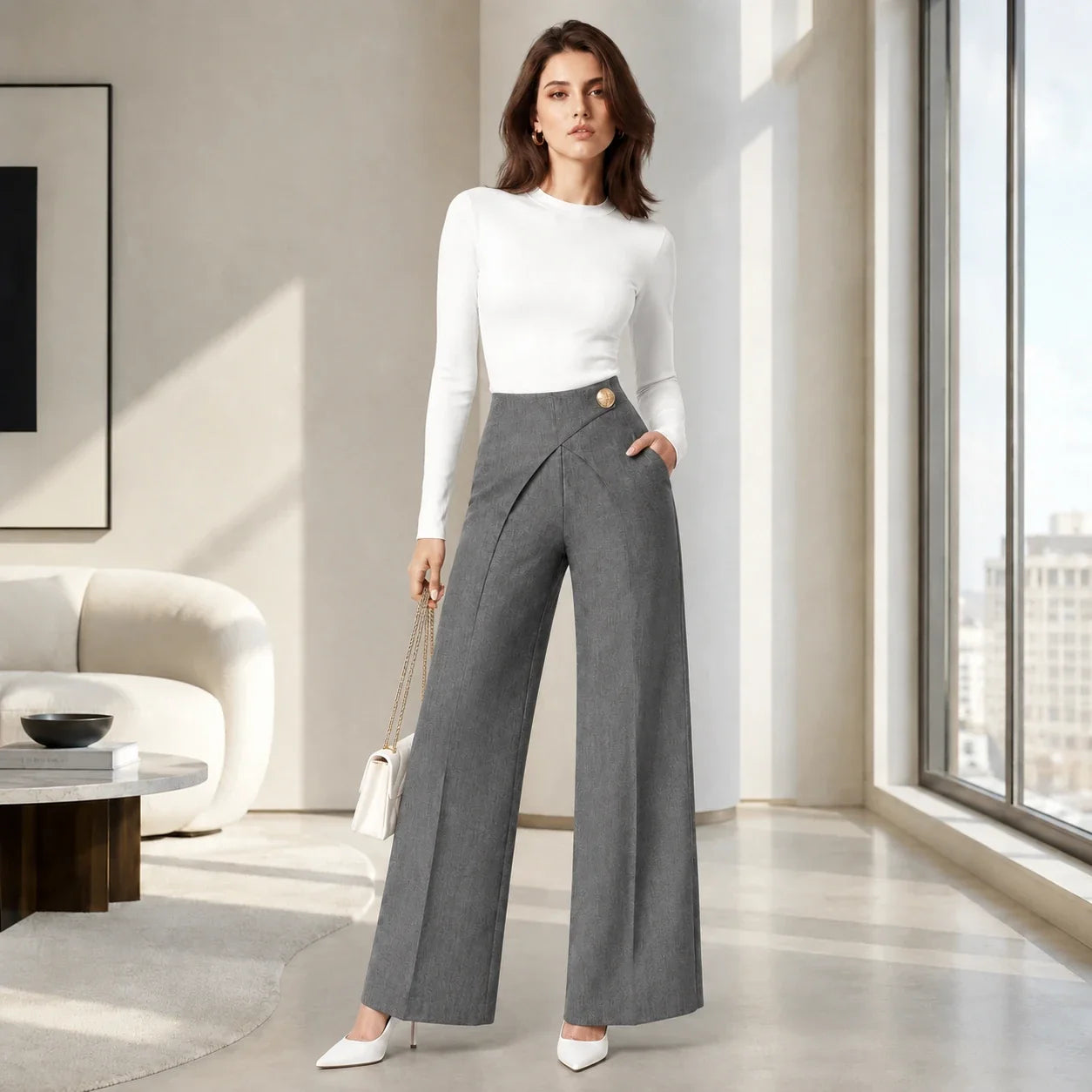 Wrap Waist Wide Leg Pants WHD0606537