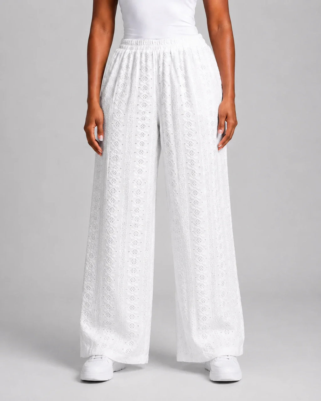 White Eyelet Wide Leg Pants WHD0606540