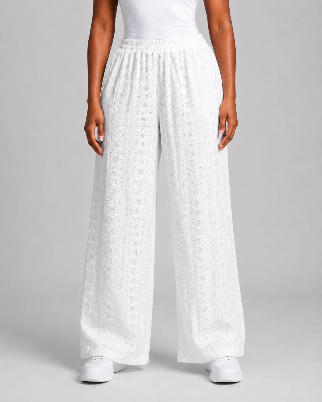 White Eyelet Wide Leg Pants WHD0606540