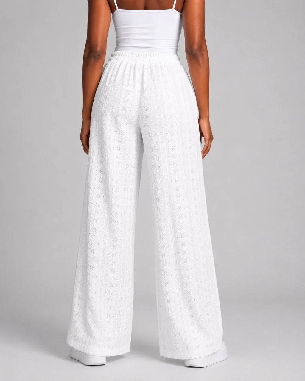White Eyelet Wide Leg Pants WHD0606540