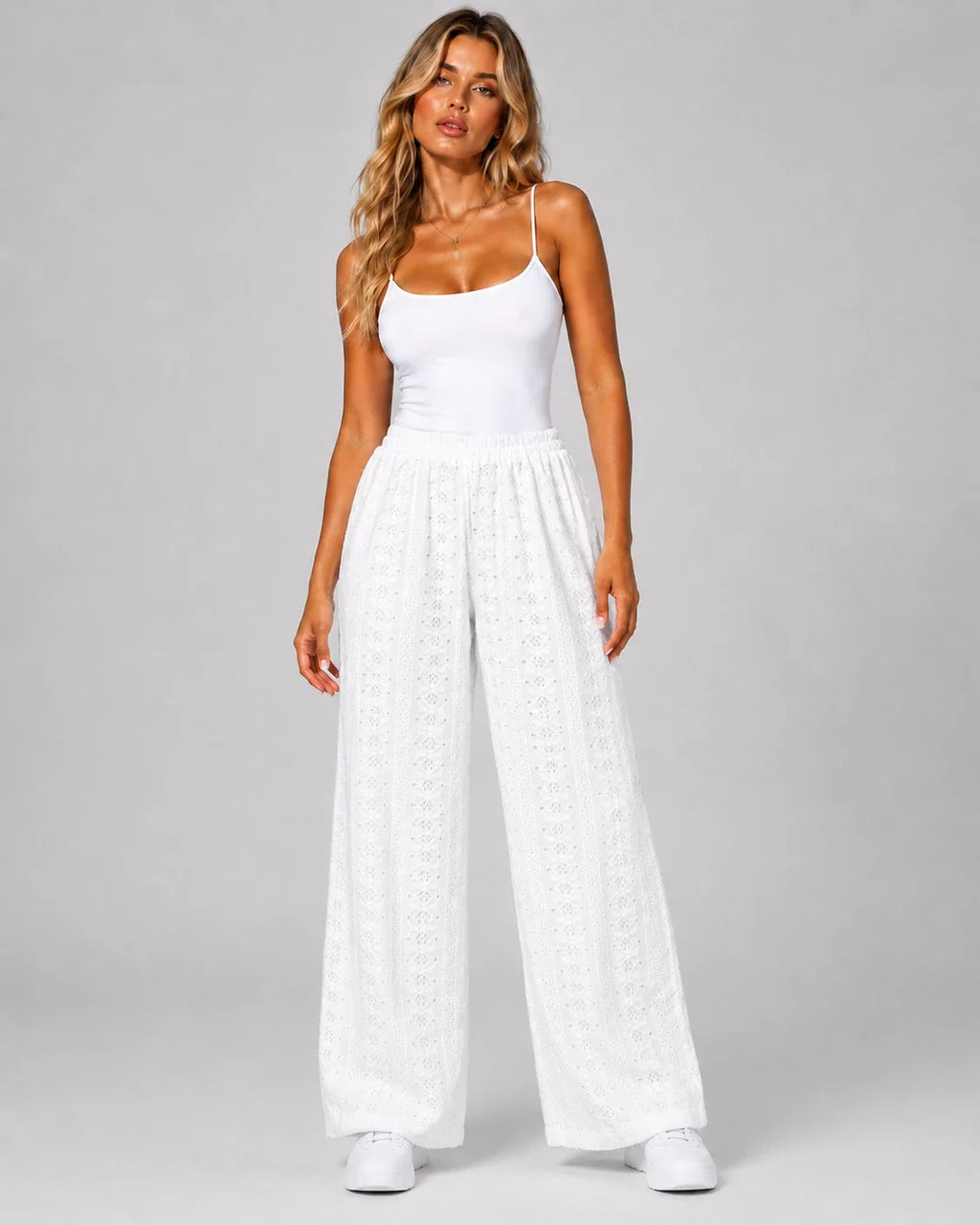 White Eyelet Wide Leg Pants WHD0606540
