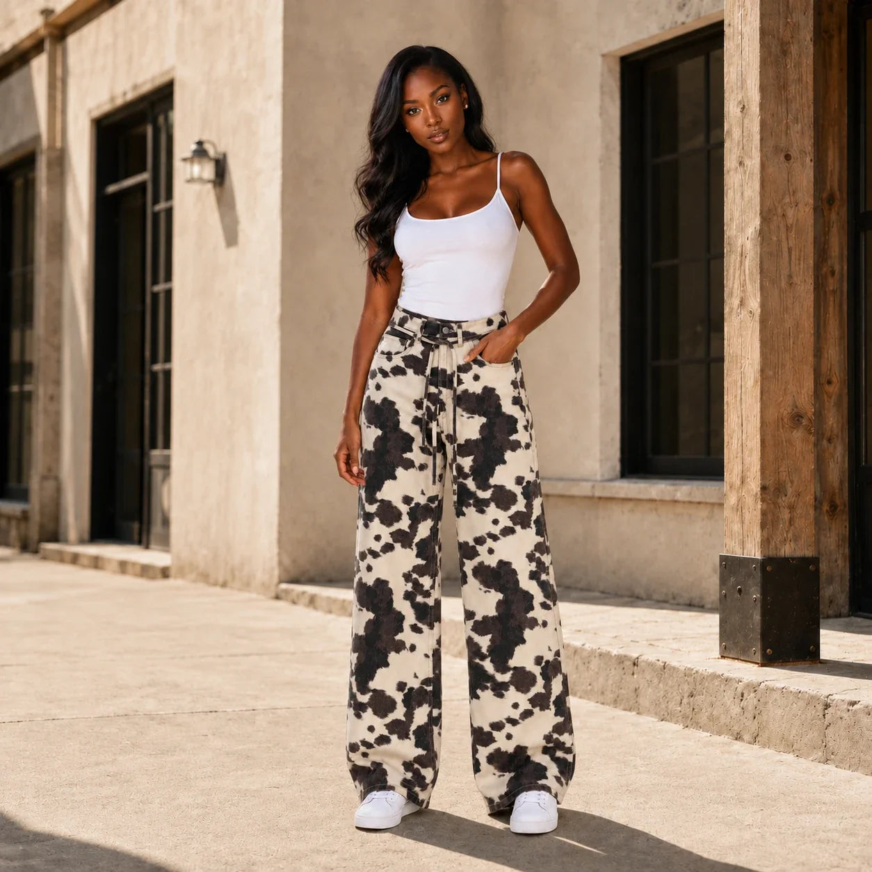Cow Print Wide Leg Pants WHD0606542