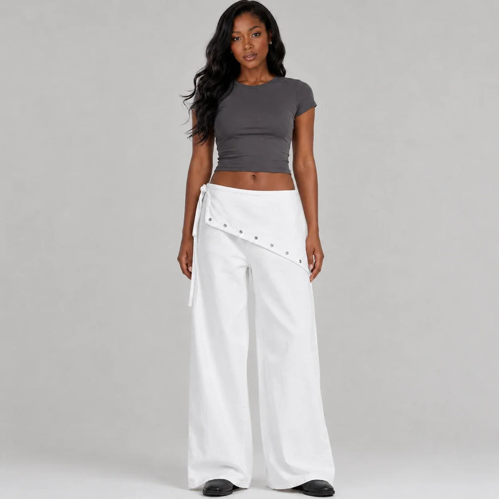 Asymmetric Grommet Wide Leg Pants WHD0606545