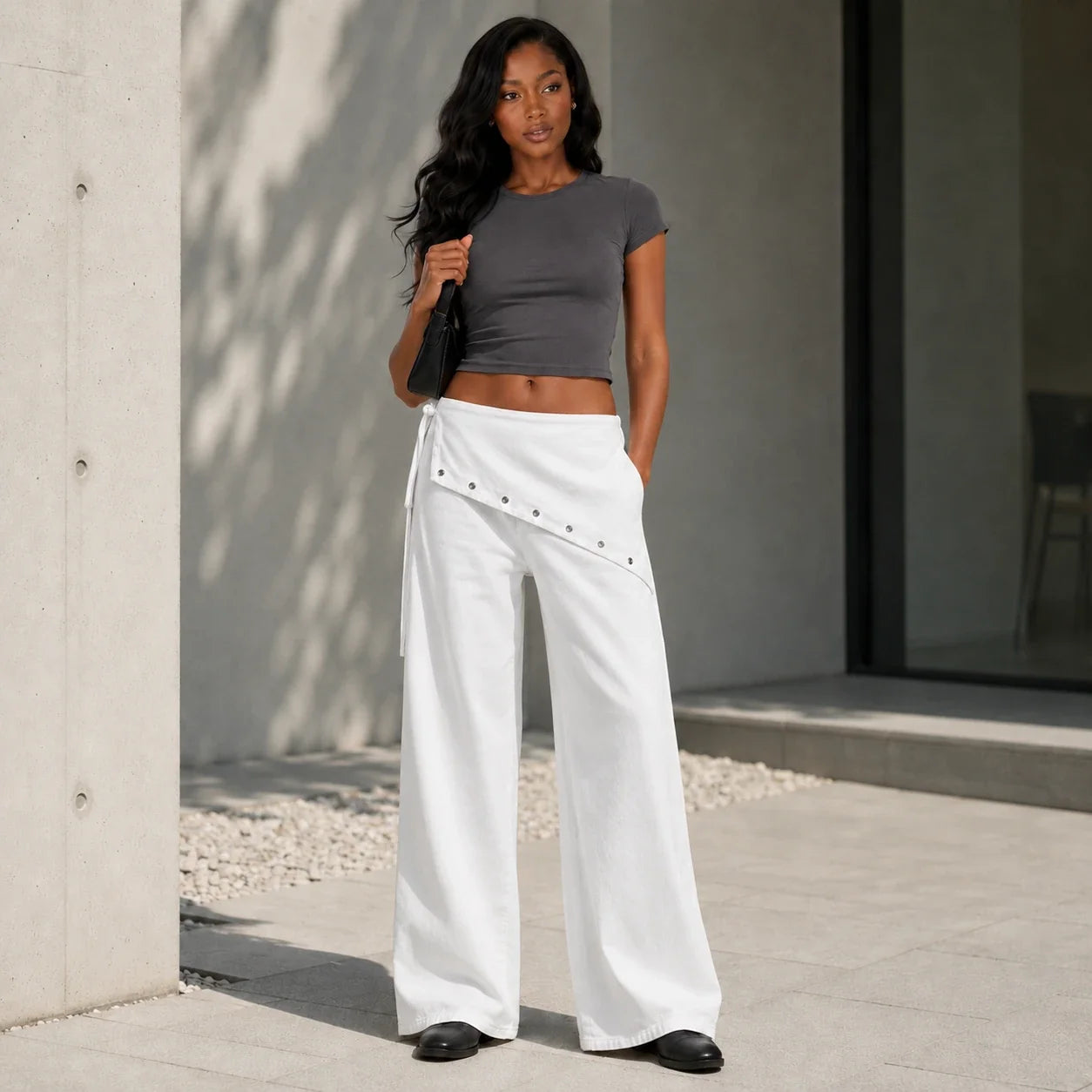 Asymmetric Grommet Wide Leg Pants WHD0606545