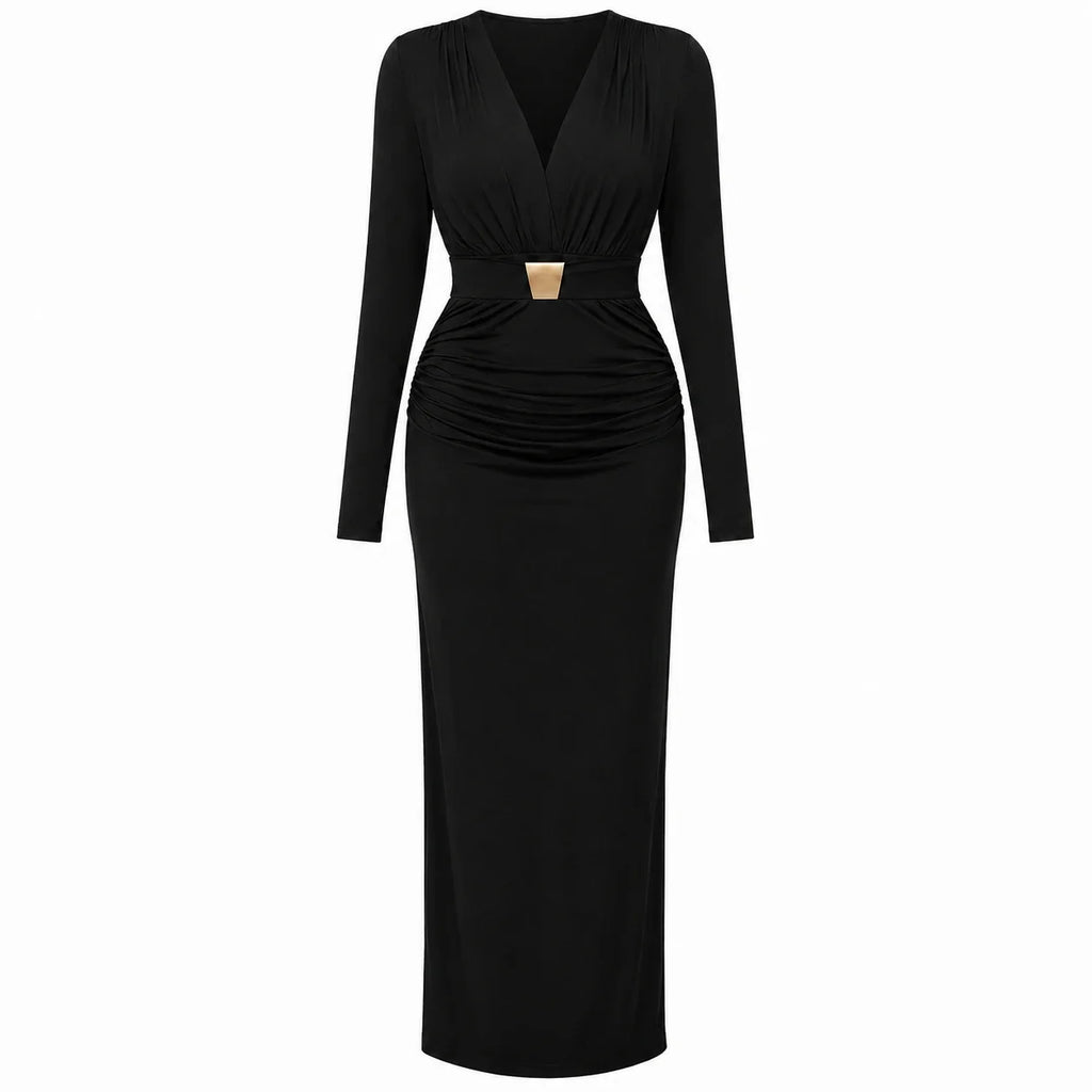 Gold-Detail Ruched Maxi Dress WHD0606554