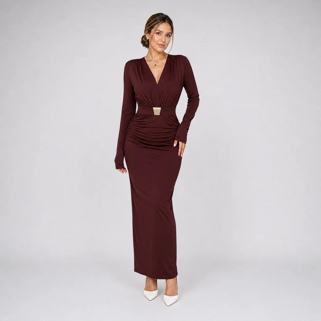 Gold-Detail Ruched Maxi Dress WHD0606554