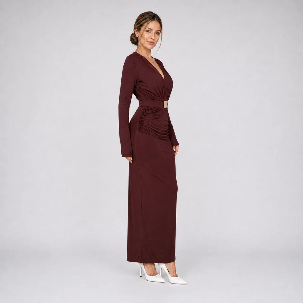Gold-Detail Ruched Maxi Dress WHD0606554