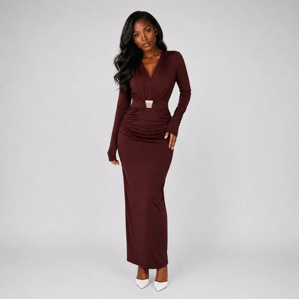 Gold-Detail Ruched Maxi Dress WHD0606554