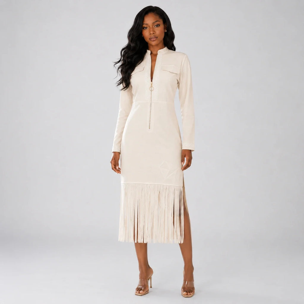 Zip Front Fringe Midi Dress WHD0606556