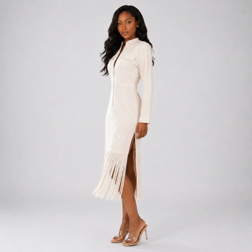 Zip Front Fringe Midi Dress WHD0606556