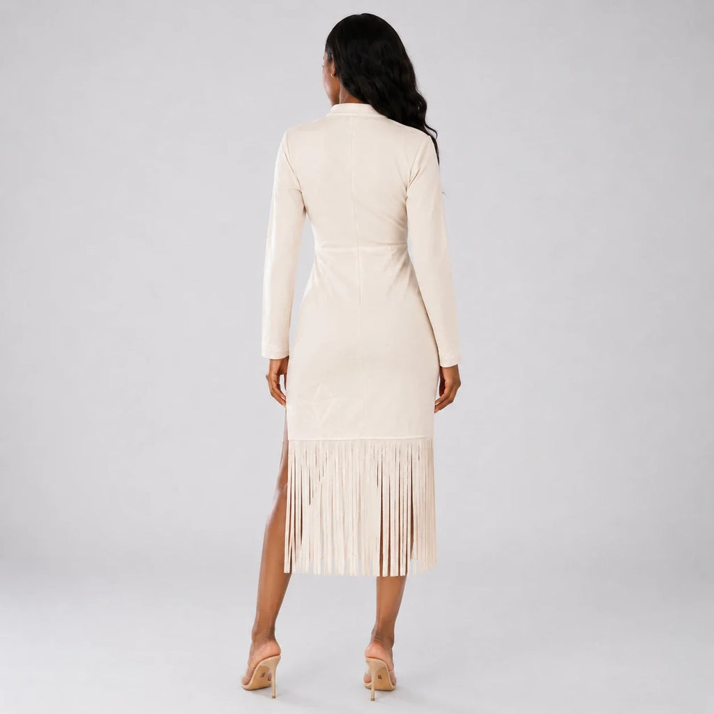 Zip Front Fringe Midi Dress WHD0606556