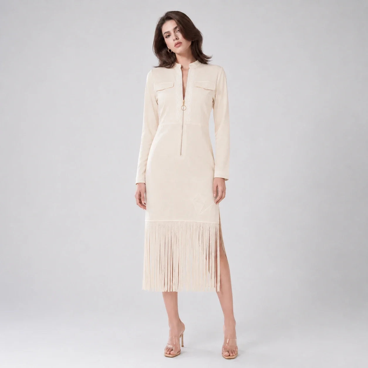Zip Front Fringe Midi Dress WHD0606556