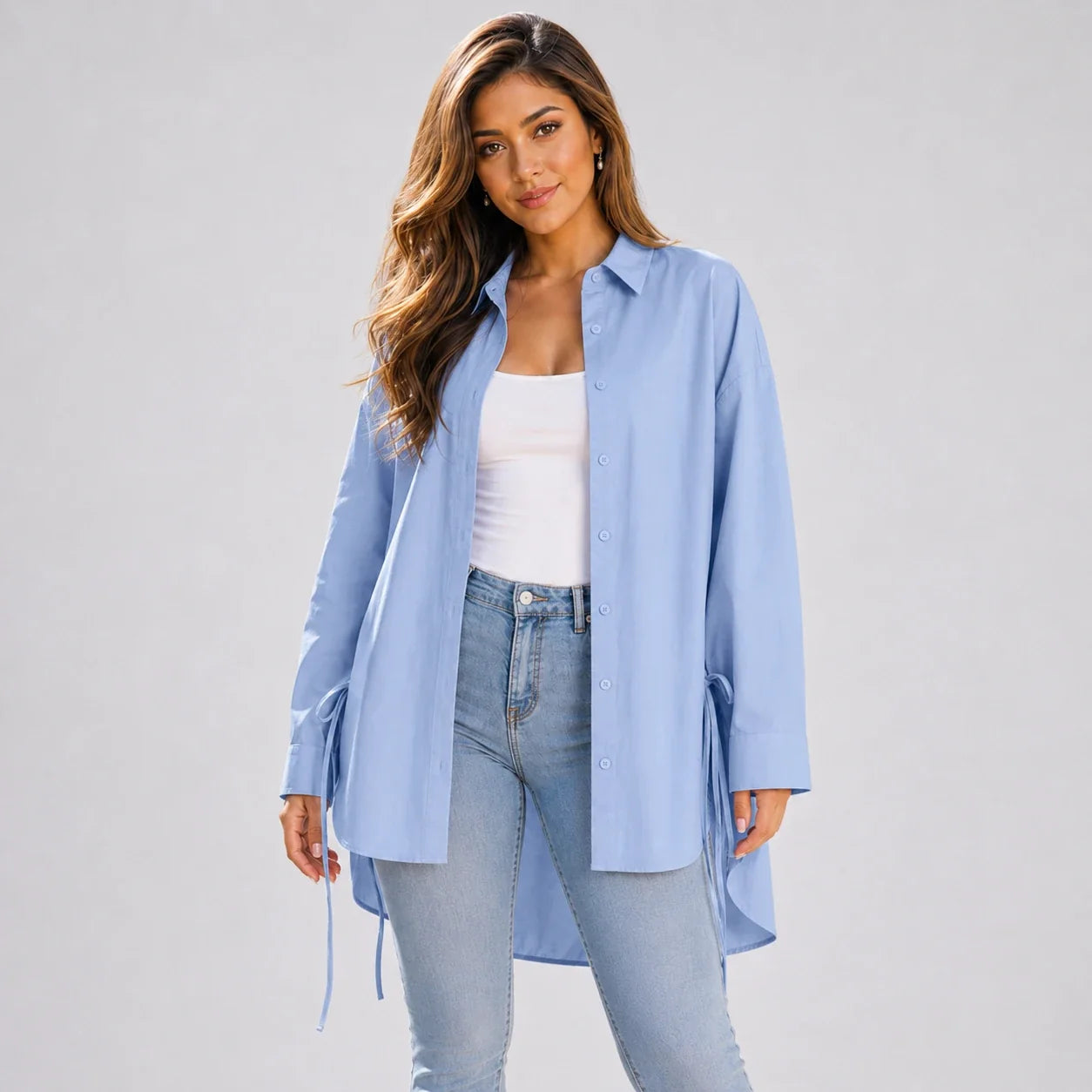 Oversized Side-Tie Button-Up Shirt WHD0606589