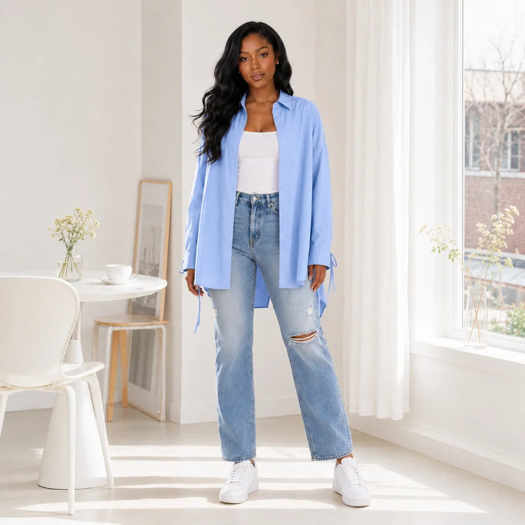Oversized Side-Tie Button-Up Shirt WHD0606589