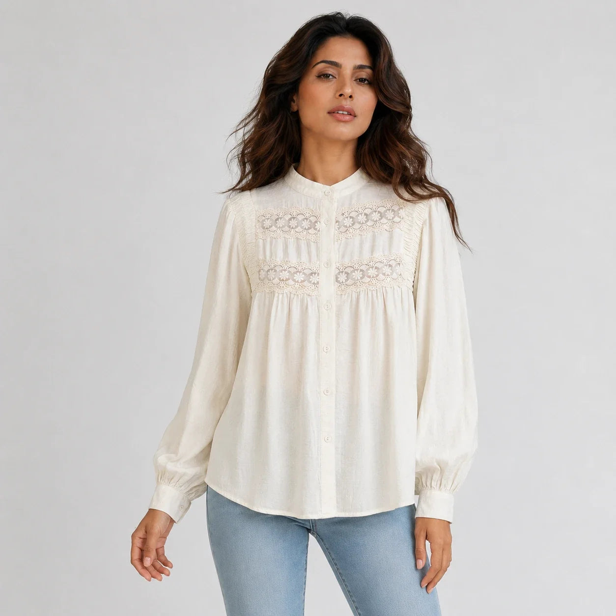 Lace Panel Button Blouse WHD0606591