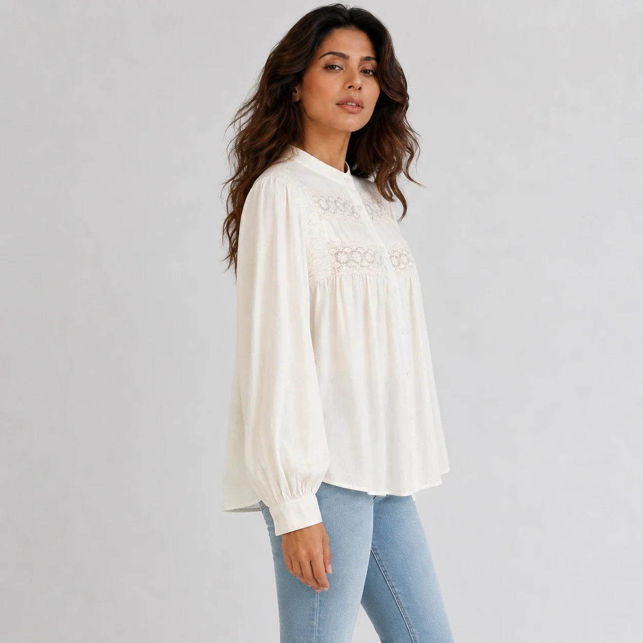 Lace Panel Button Blouse WHD0606591