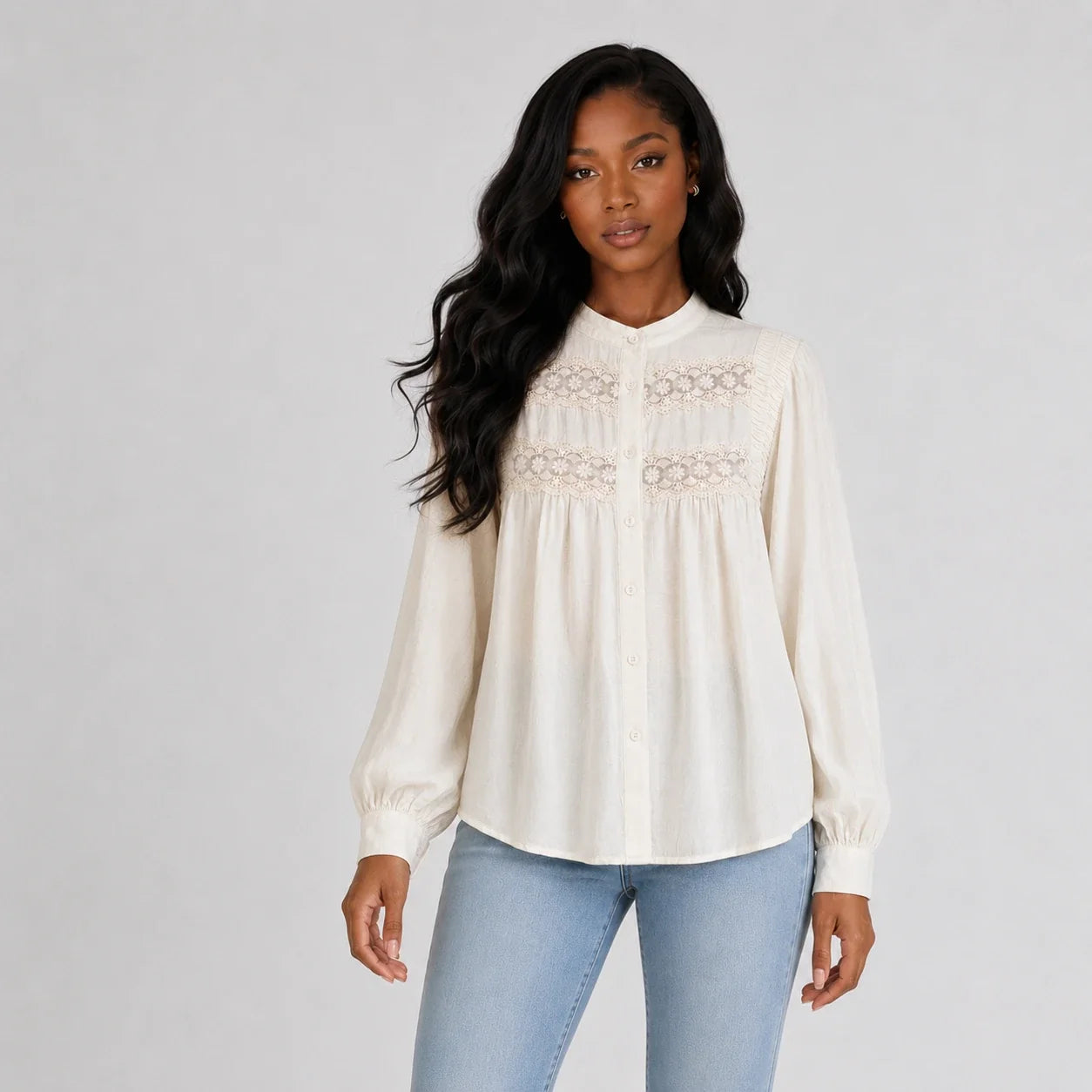 Lace Panel Button Blouse WHD0606591