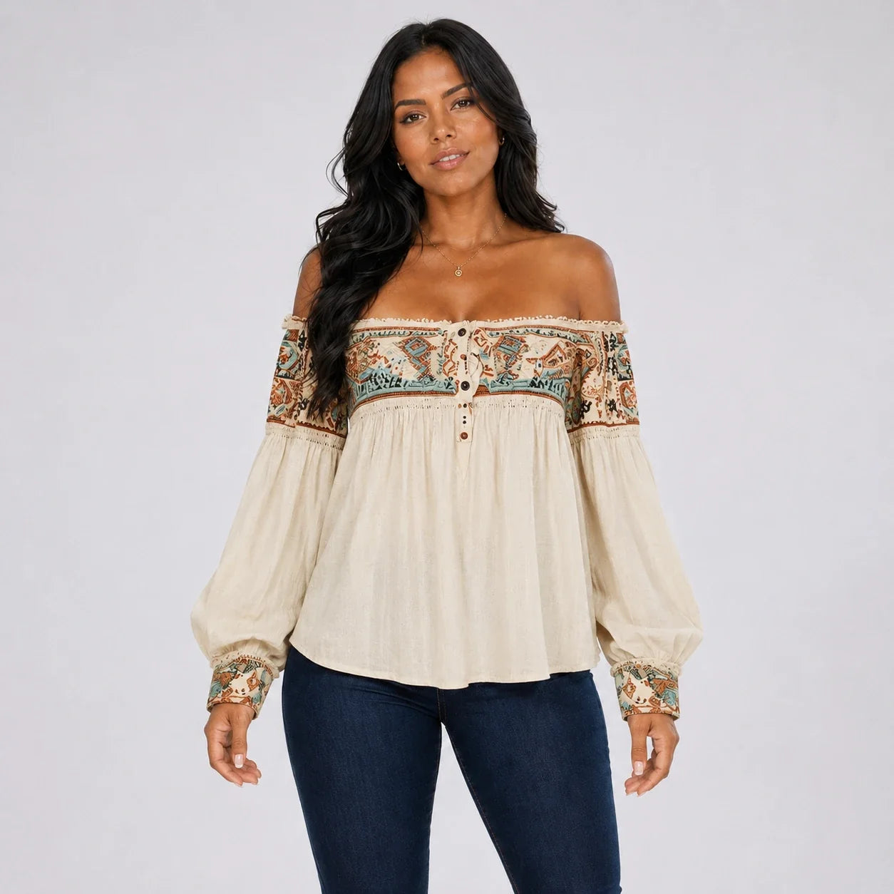 Boho Off-Shoulder Printed Blouse WHD0606594