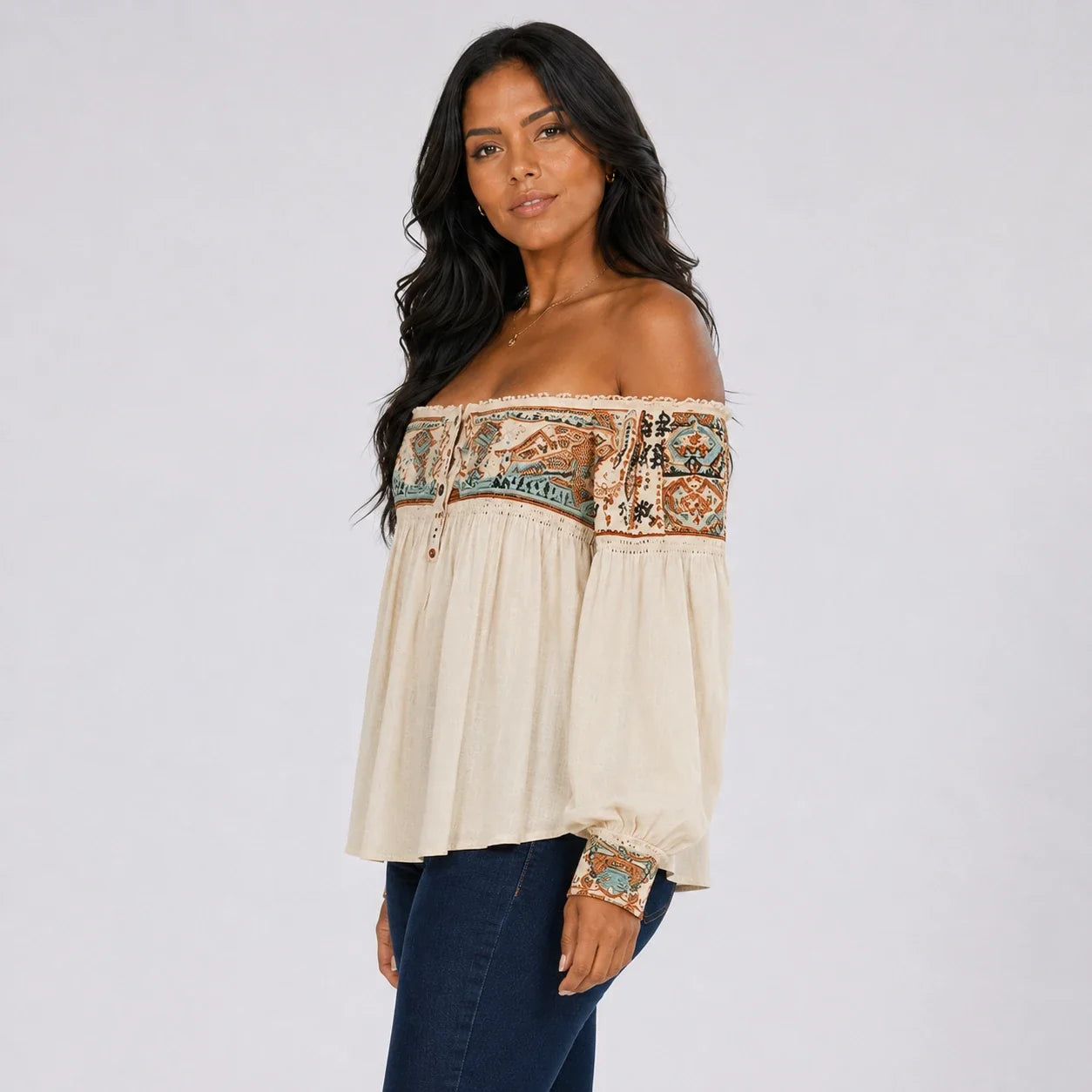 Boho Off-Shoulder Printed Blouse WHD0606594