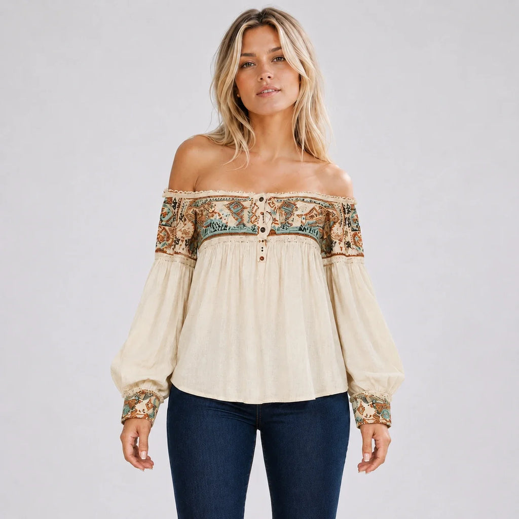 Boho Off-Shoulder Printed Blouse WHD0606594