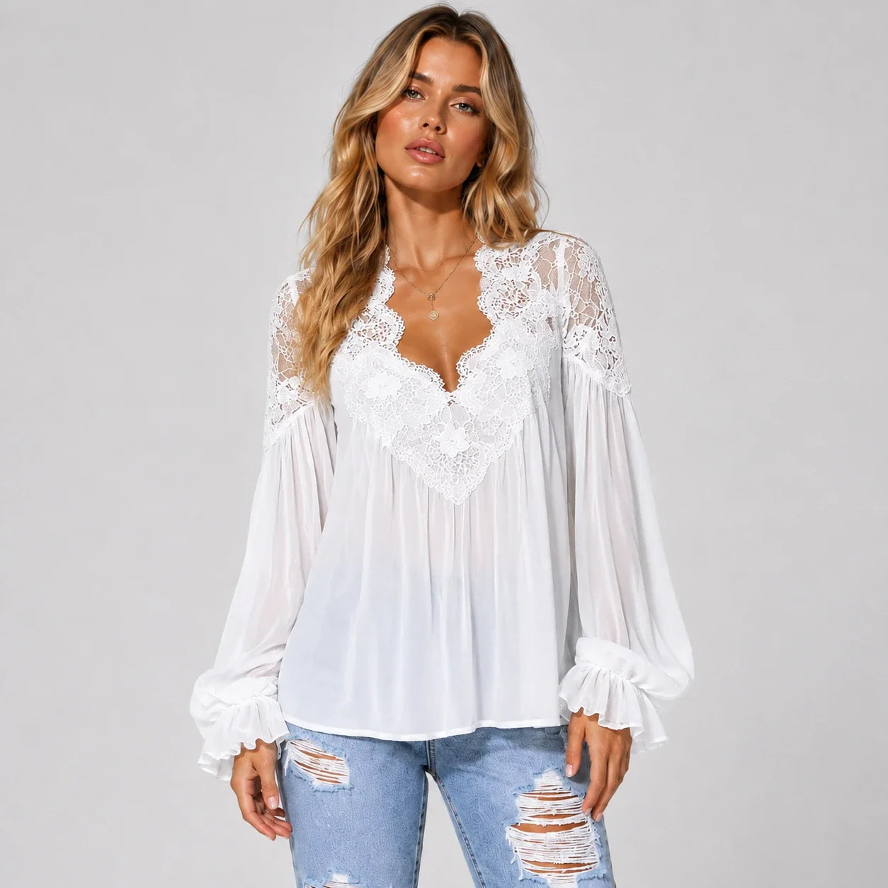Lace V-Neck Blouse WHD0606596
