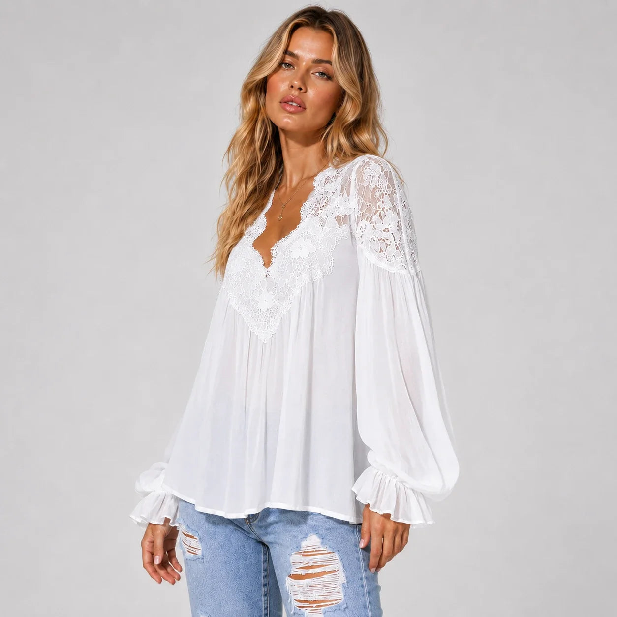 Lace V-Neck Blouse WHD0606596