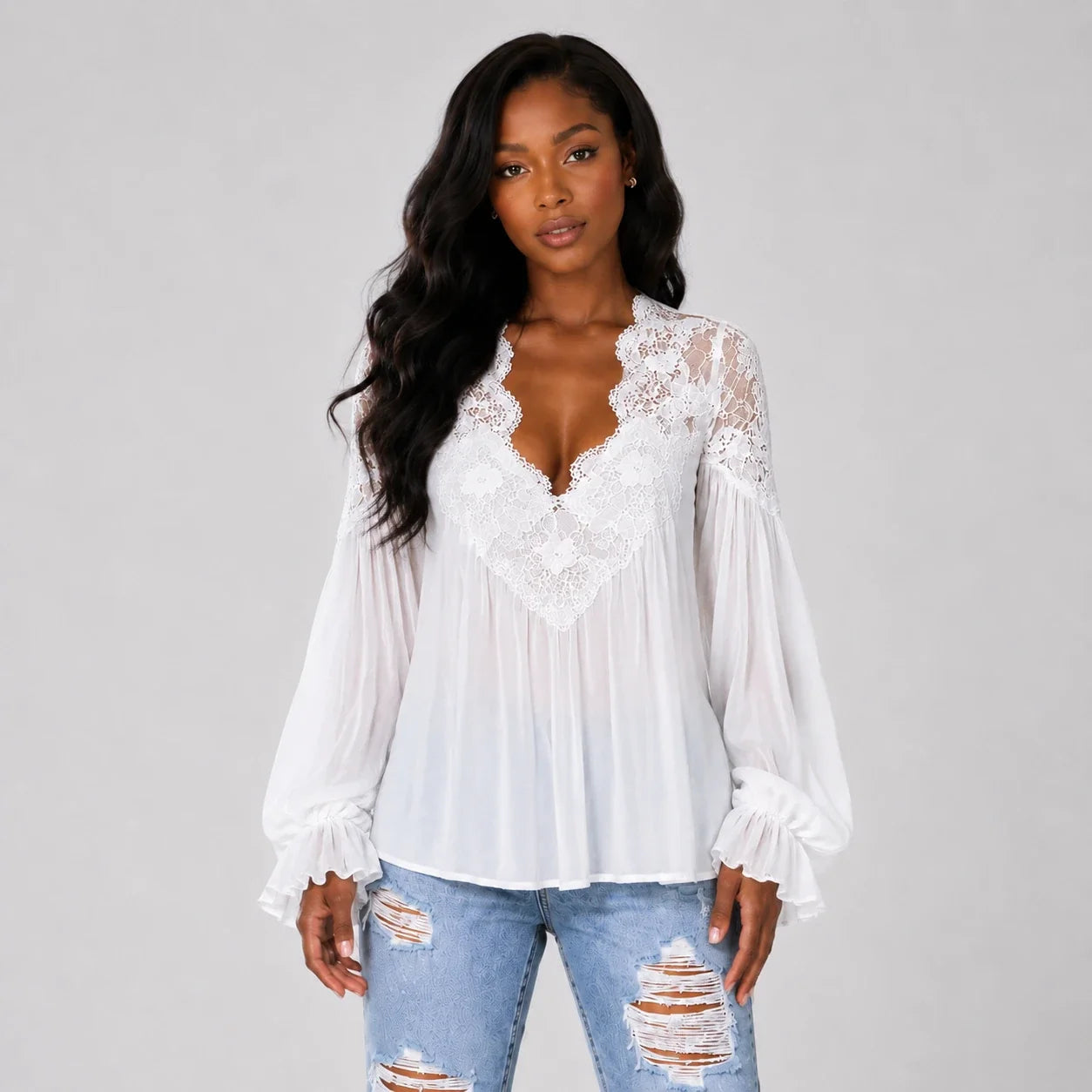Lace V-Neck Blouse WHD0606596