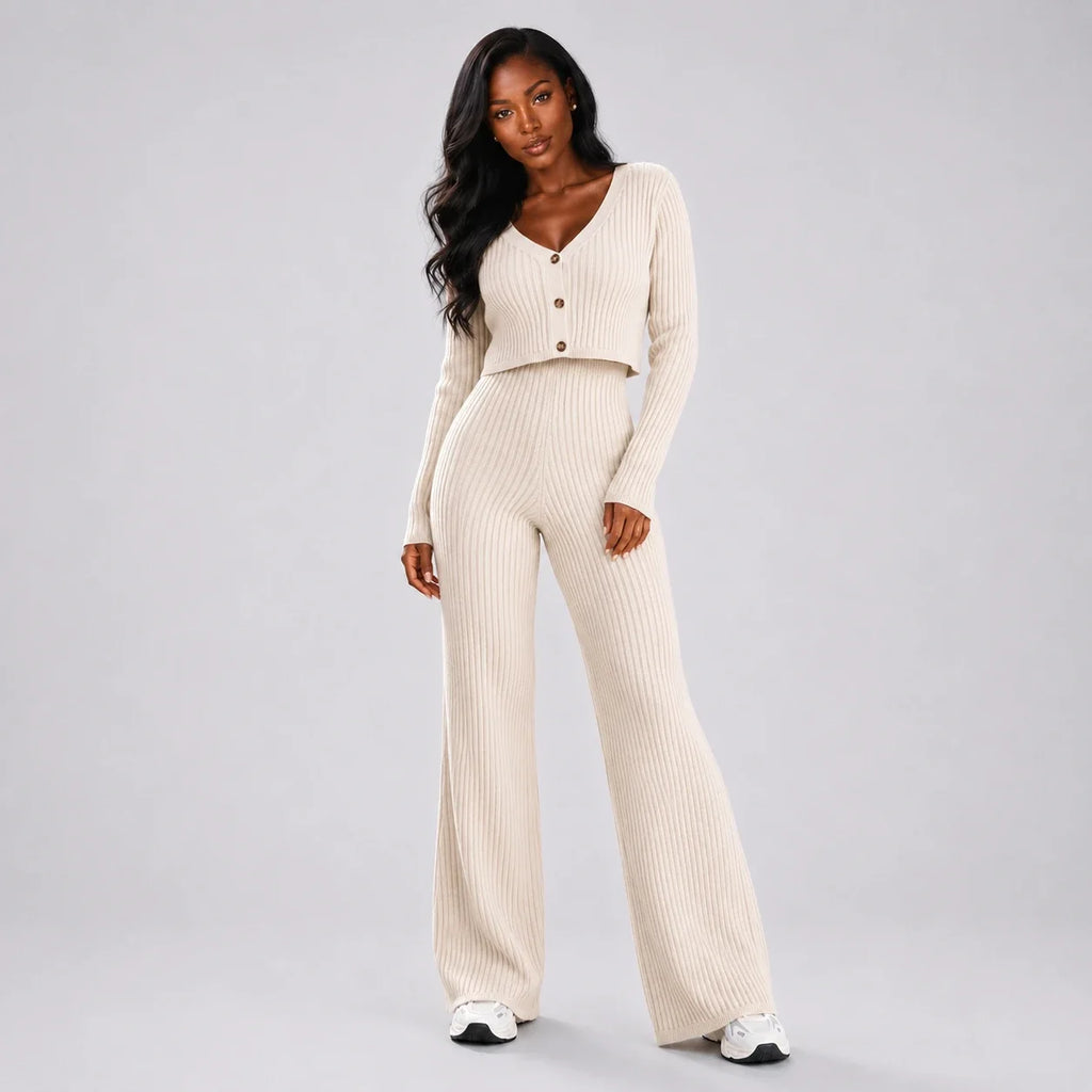 Ribbed Knit Wide Leg Set WHD0606597