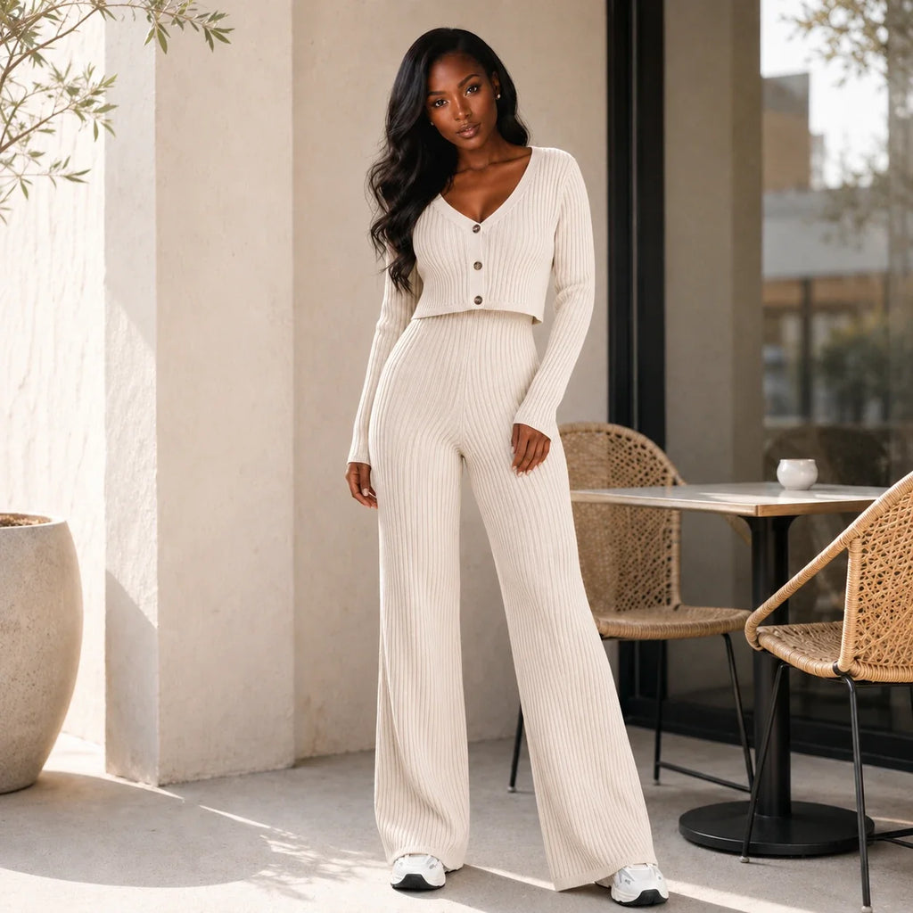 Ribbed Knit Wide Leg Set WHD0606597