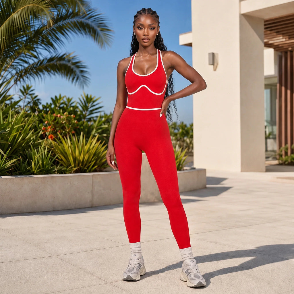 Contrast Trim Backless Active Jumpsuit WHD0606629