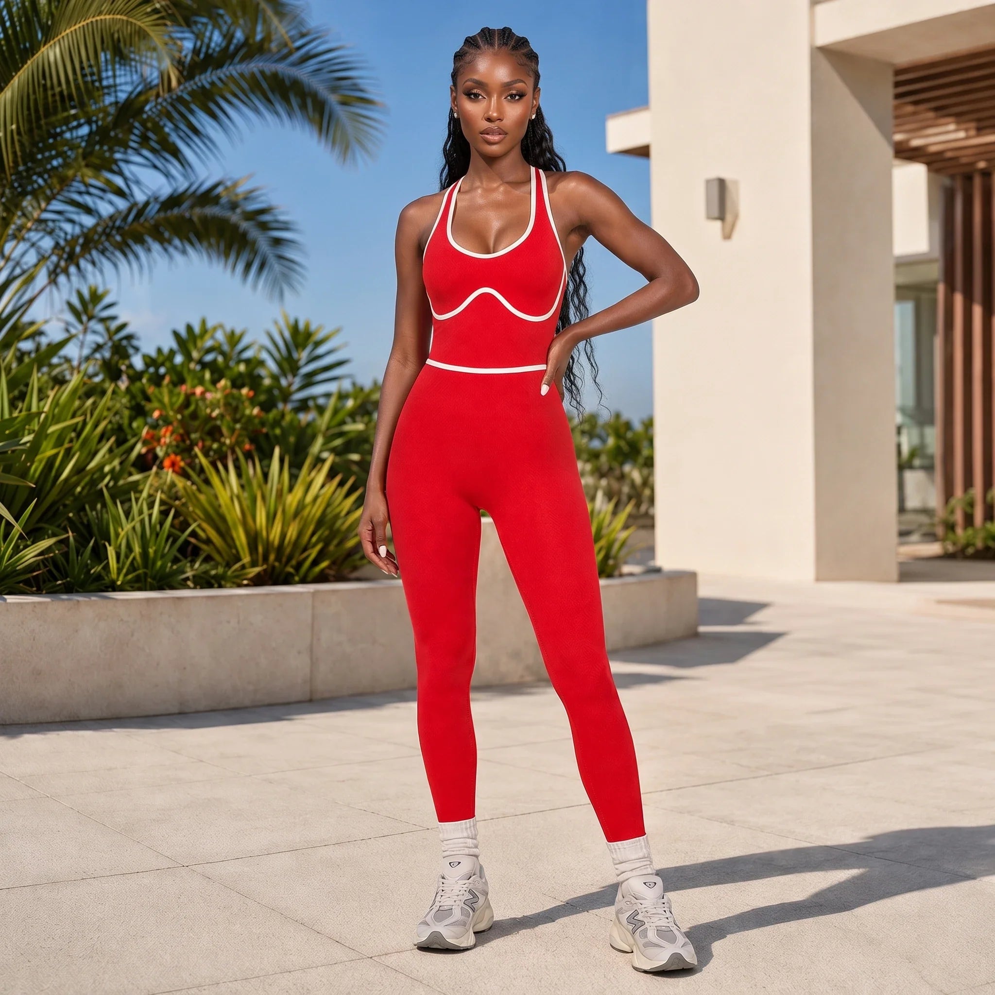 Contrast Trim Backless Active Jumpsuit WHD0606629