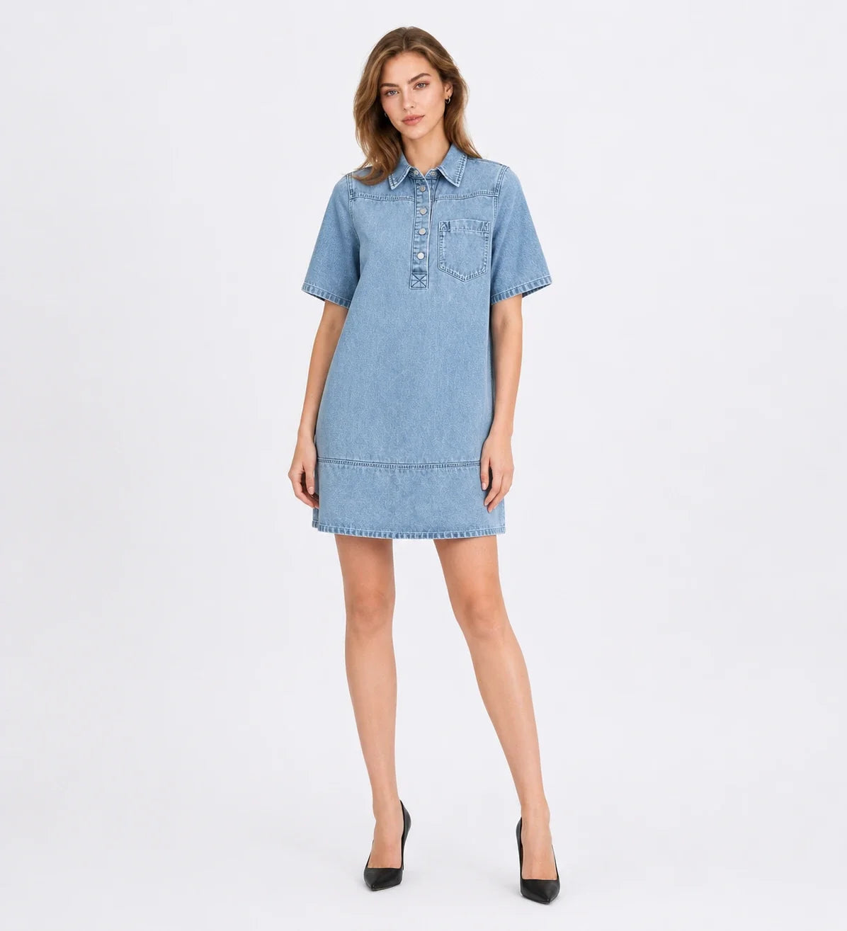 Washed Denim Collared Mini Dress WHD0607001