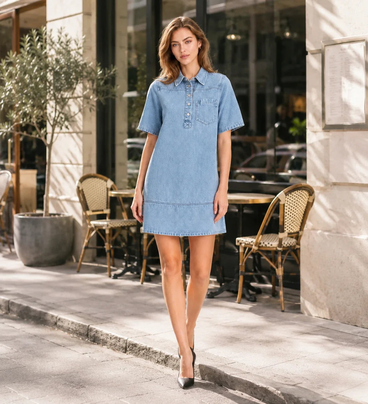 Washed Denim Collared Mini Dress WHD0607001