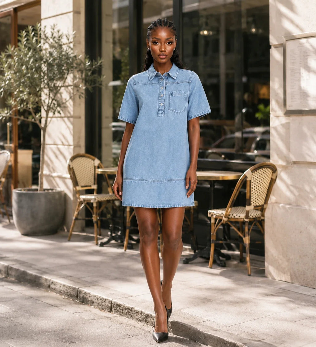 Washed Denim Collared Mini Dress WHD0607001