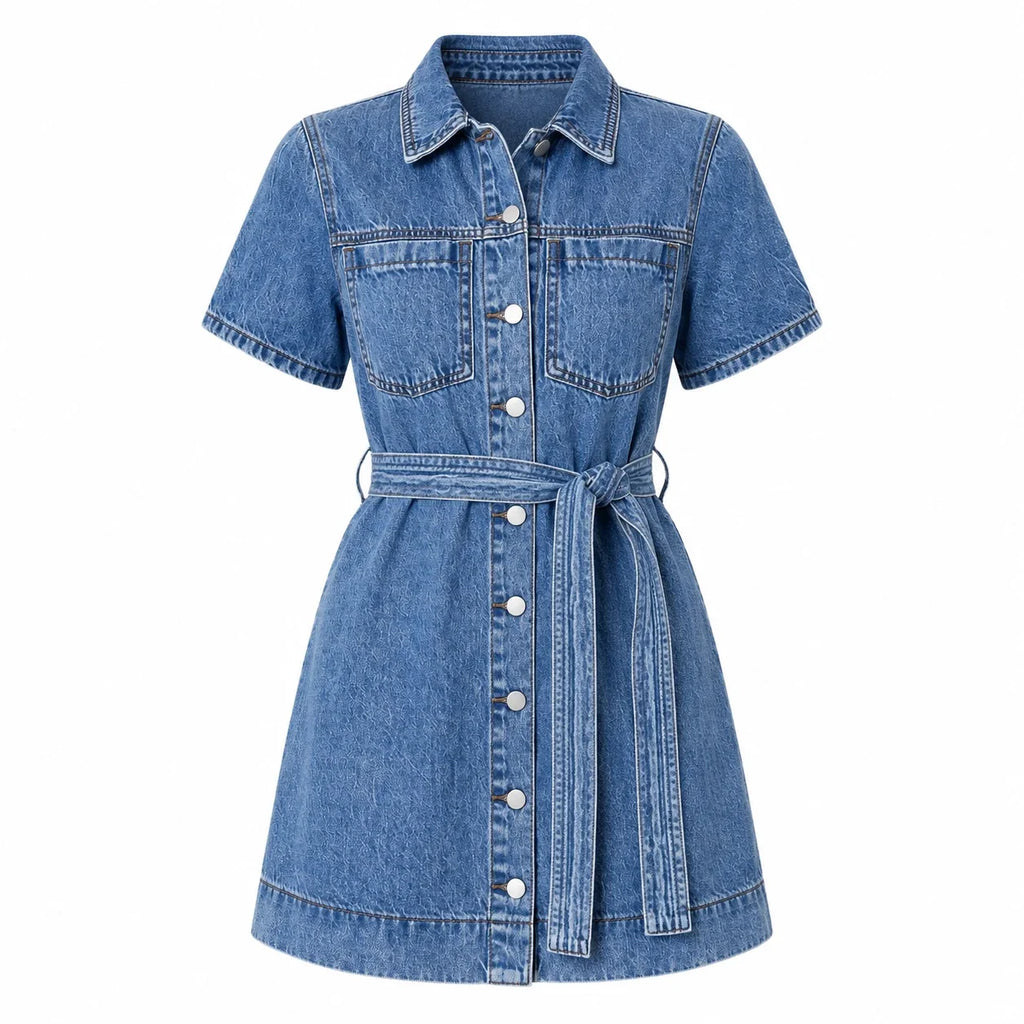 Belted Button Front Denim Dress WHD0607002