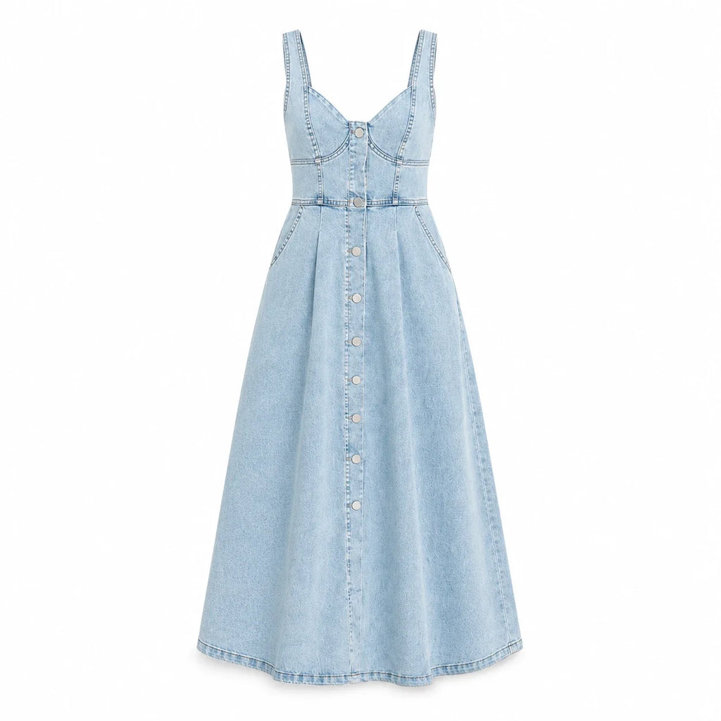 Button Front Denim Midi Dress WHD0607003