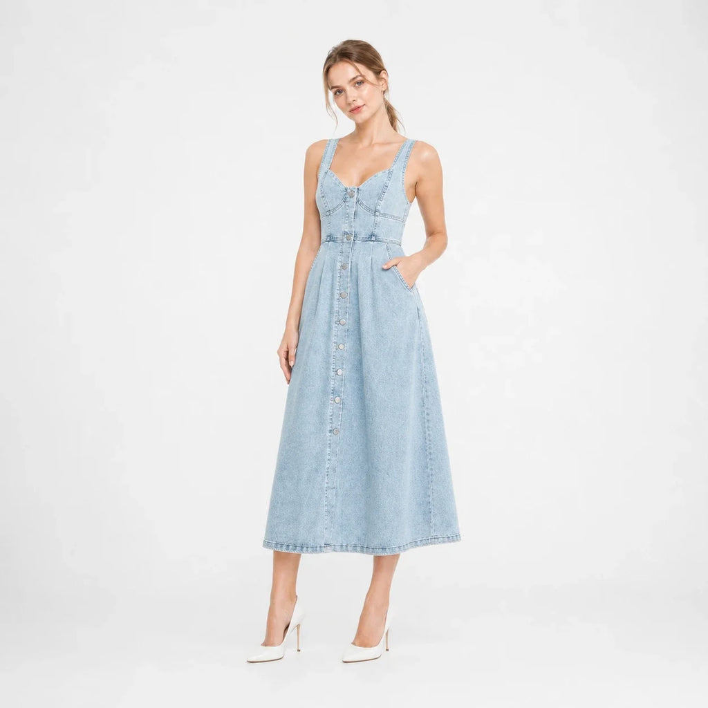 Button Front Denim Midi Dress WHD0607003