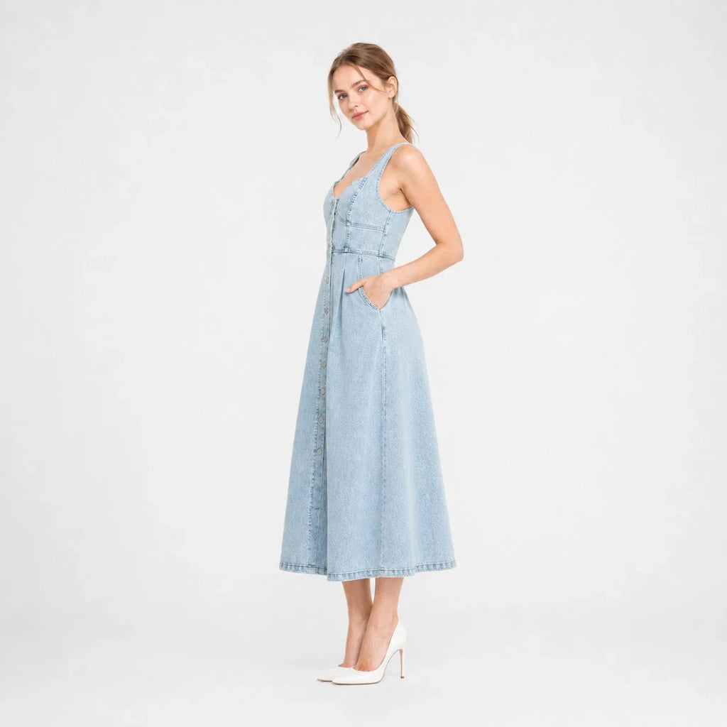 Button Front Denim Midi Dress WHD0607003