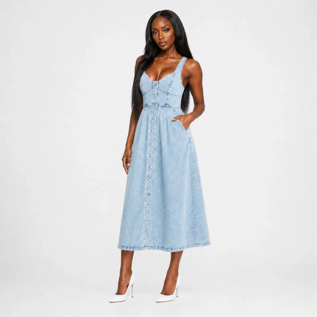 Button Front Denim Midi Dress WHD0607003
